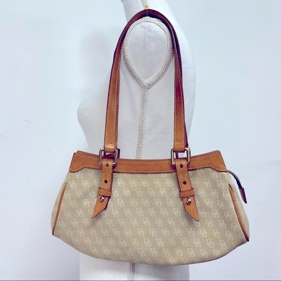 Vintage Dooney and Bourke Tan Leather and Fabric Logo Shoulder Bag - Picture 2 of 12
